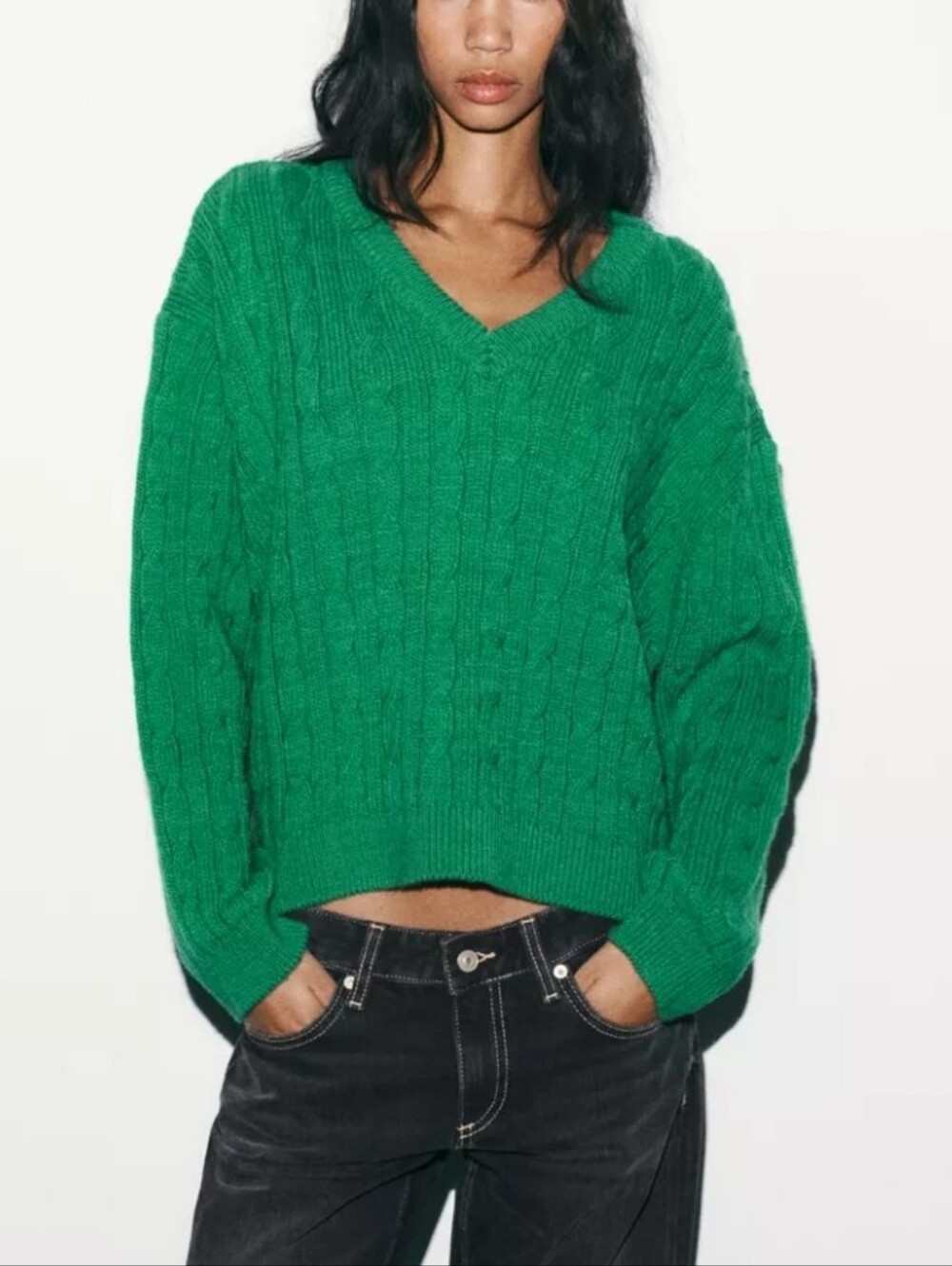Zara Cable Knit V-neck Longsleeve Sweater Preppy Kelly Green Retro Pop Varsity M